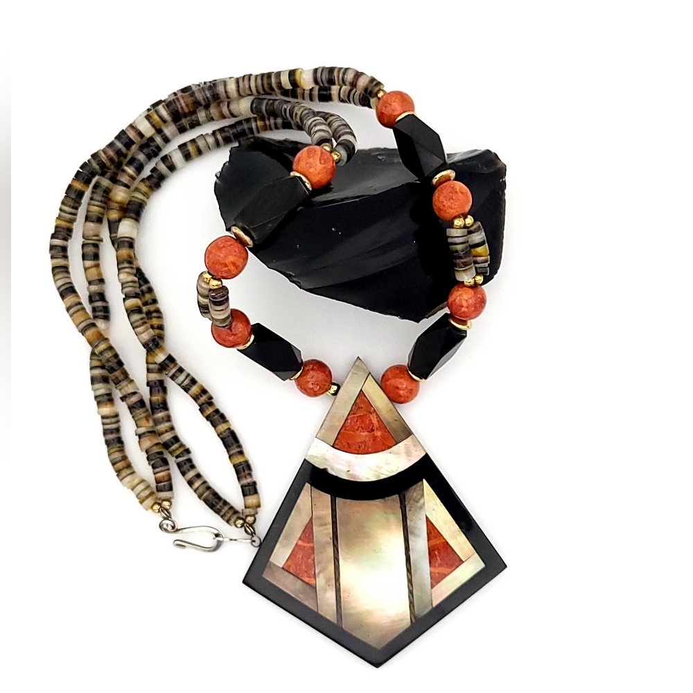 Vintage Statement Necklace Mother of Pearl Coral Fan Pendant Boho Luxe